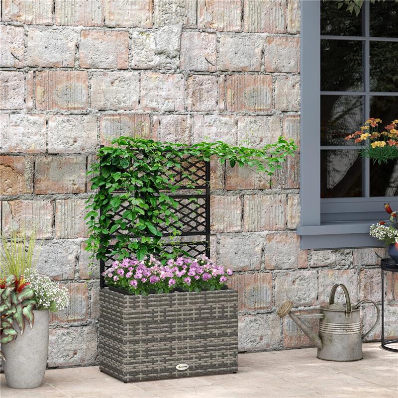 FIORIERA CON GRIGLIATO PER RAMPICANTI CON 2 VASI IN ACCIAIO E RATTAN PE, 57X30X107CM, GRIGIO