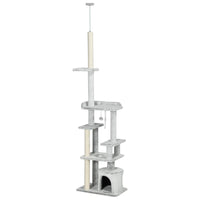 ALBERO TIRAGRAFFI PER GATTI A SOFFITTO CON PIATTAFORME E CASETTA, 60X40X225-255CM, GRIGIO