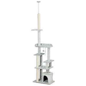 ALBERO TIRAGRAFFI PER GATTI A SOFFITTO CON PIATTAFORME E CASETTA, 60X40X225-255CM, GRIGIO