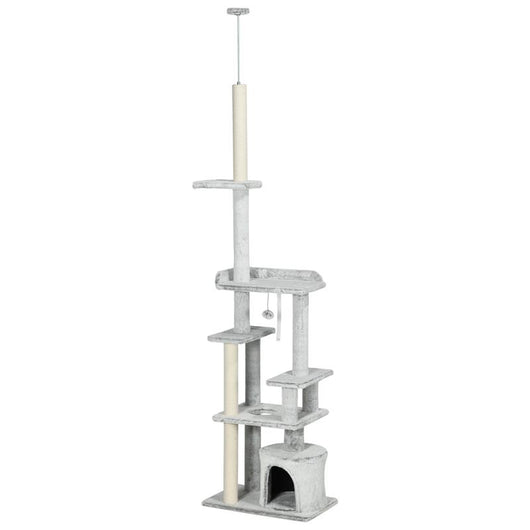 ALBERO TIRAGRAFFI PER GATTI A SOFFITTO CON PIATTAFORME E CASETTA, 60X40X225-255CM, GRIGIO