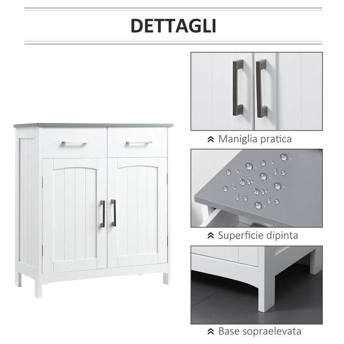 MOBILETTO BAGNO CON 2 ANTE, 2 CASSETTI E RIPIANO REGOLABILE, IN MDF, 68X33X76CM