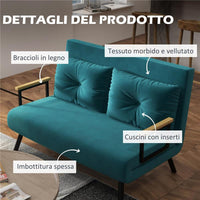 DIVANO LETTO MATRIMONIALE 3 IN 1 VELLUTATO CON SCHIENALE REGOLABILE IN 5 LIVELLI E CUSCINI, BLU SCURO
