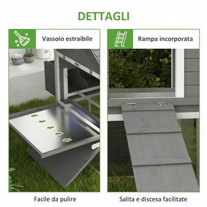 POLLAIO DA GIARDINO CON CASETTA PER GALLINE, RAMPA E AREA APERTA, 310.5X149.5X149CM, GRIGIO