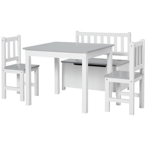 SET TAVOLO PER BAMBINI CON 2 SEDIE E CASSAPANCA IN LEGNO PER CAMERETTA, BIANCO E GRIGIO