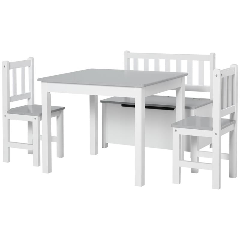 SET TAVOLO PER BAMBINI CON 2 SEDIE E CASSAPANCA IN LEGNO PER CAMERETTA, BIANCO E GRIGIO
