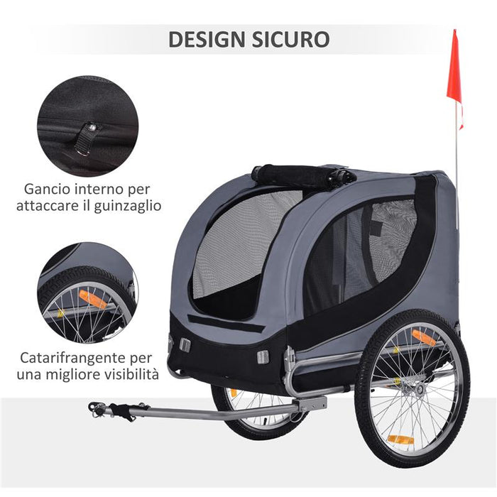 RIMORCHIO BICI PER CANI TAGLIA MEDIA CON FINESTRE LATERALI E BANDIERINA, 130X73X90 CM, GRIGIO E NERO