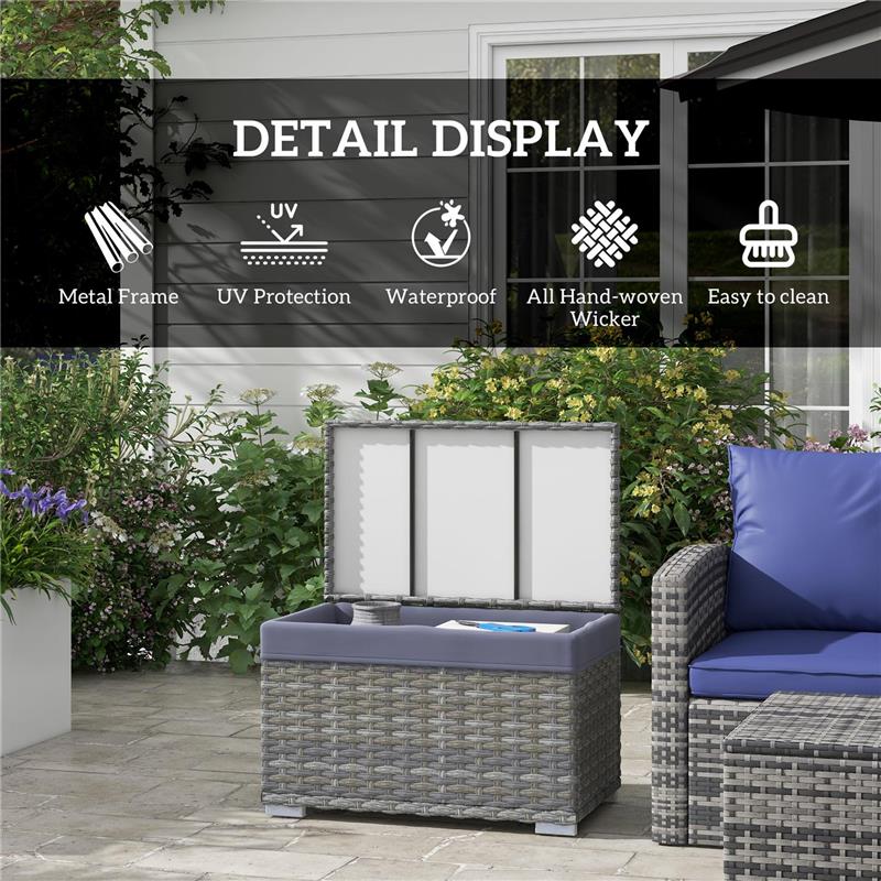 BAULE DA GIARDINO IN RATTAN PE CON RIVESTIMENTO INTERNO IN TESSUTO IMPERMEABILE, 76X45X48 CM, GRIGIO