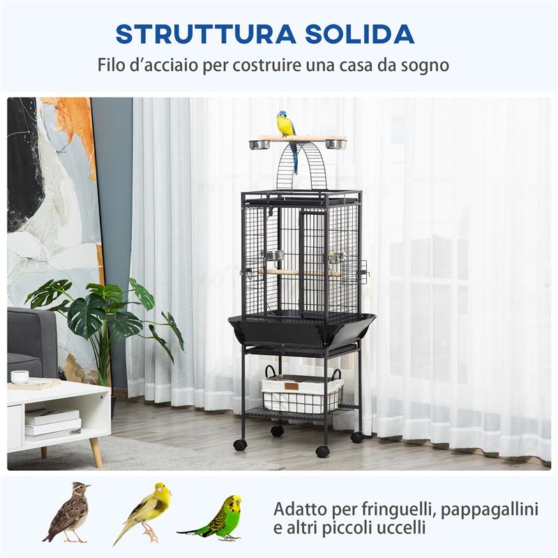 GABBIA PER PAPPAGALLINI CON 2 POSATOI E SCALA AD ARCO, IN ACCIAIO, 62.5X62.5X156 CM, GRIGIA