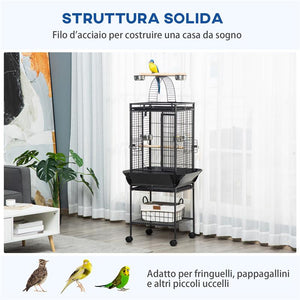 GABBIA PER PAPPAGALLINI CON 2 POSATOI E SCALA AD ARCO, IN ACCIAIO, 62.5X62.5X156 CM, GRIGIA