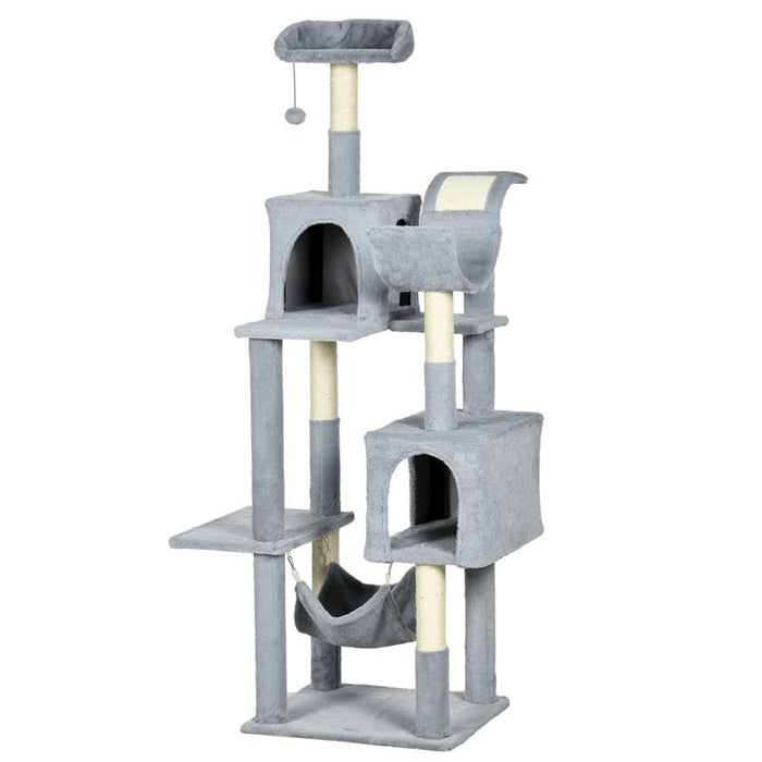 ALBERO TIRAGRAFFI PER GATTI CON AMACA, LETTINO E 2 CASETTE, IN TRUCIOLATO E PELUCHE, 55X49X177 CM, GRIGIO E BIANCO