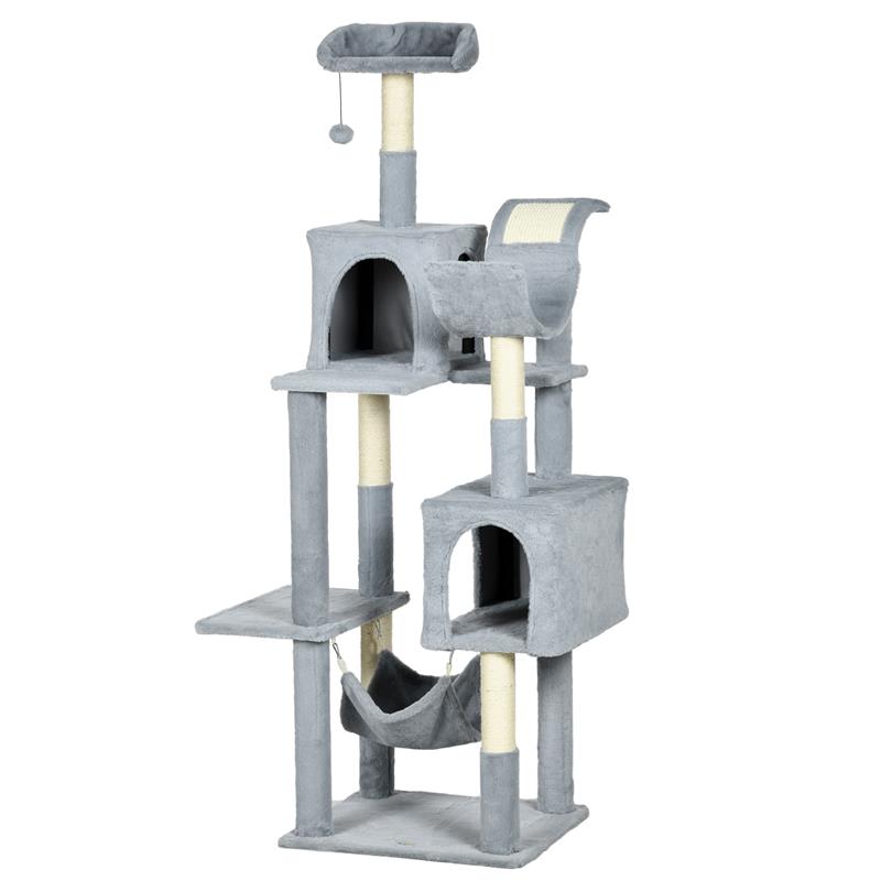 ALBERO TIRAGRAFFI PER GATTI CON AMACA, LETTINO E 2 CASETTE, IN TRUCIOLATO E PELUCHE, 55X49X177 CM, GRIGIO E BIANCO