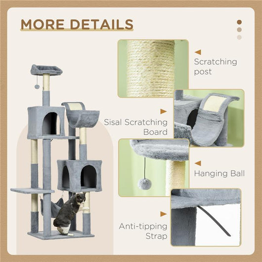 ALBERO TIRAGRAFFI PER GATTI CON AMACA, LETTINO E 2 CASETTE, IN TRUCIOLATO E PELUCHE, 55X49X177 CM, GRIGIO E BIANCO