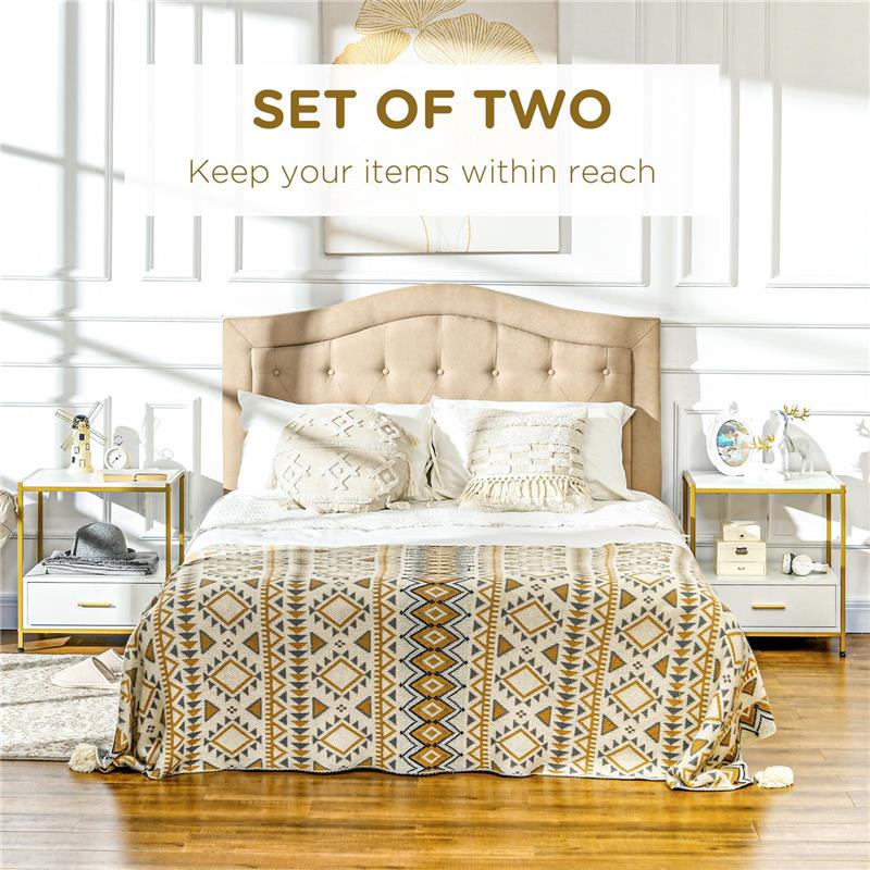 SET DI 2 COMODINI MODERNI CON CASSETTO E RIPIANO APERTO, 50X40X55CM, BIANCO E ORO