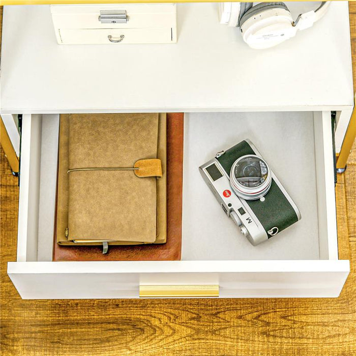 SET DI 2 COMODINI MODERNI CON CASSETTO E RIPIANO APERTO, 50X40X55CM, BIANCO E ORO