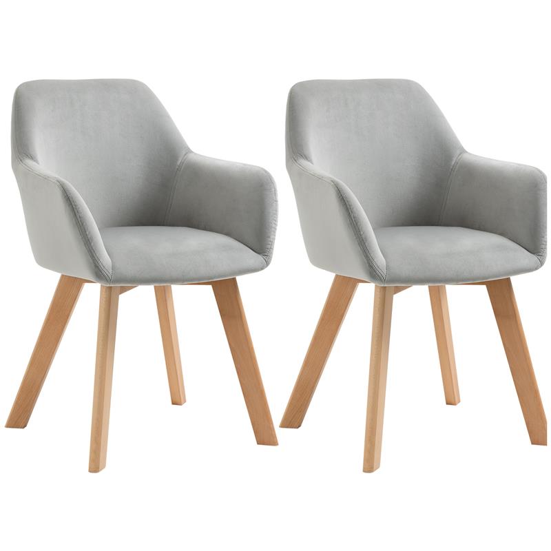 SET 2 SEDIE PER SALA DA PRANZO IMBOTTITE IN VELLUTO CON BRACCIOLI E GAMBE IN LEGNO, GRIGIO