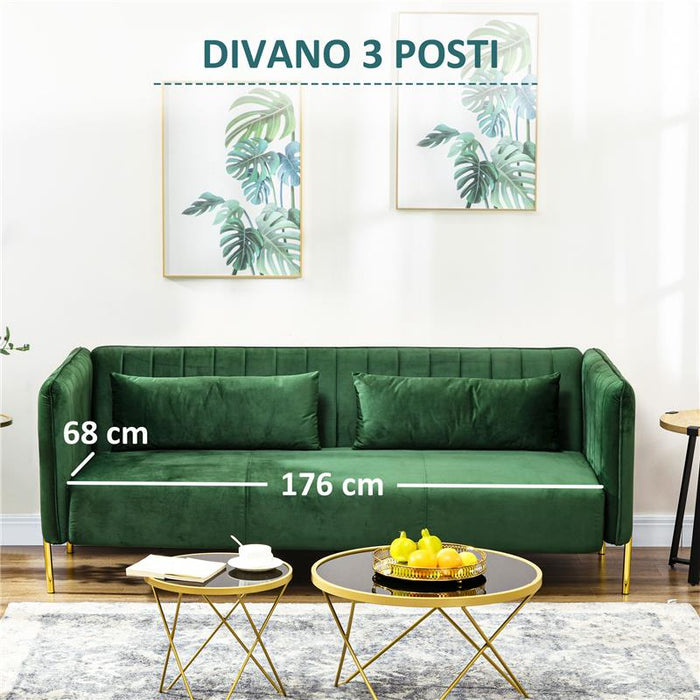 DIVANO 3 POSTI MODERNO CON CUSCINI IMBOTTITI, GAMBE IN ACCIAIO E TESSUTO VELLUTATO, 200X88X76 CM, VERDE