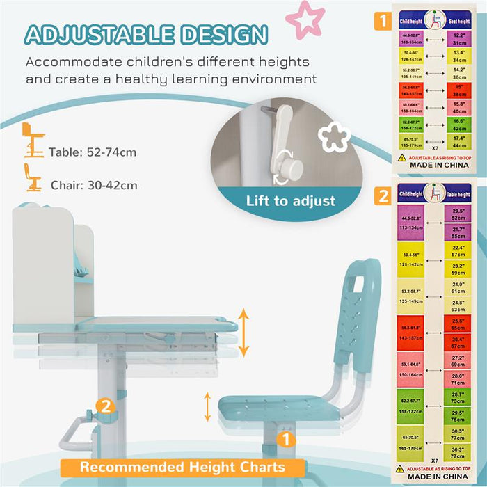 SET SCRIVANIA PER BAMBINI CON SEDIA REGOLABILE IN ALTEZZA E PIANO INCLINABILE, ETÀ 6-12 ANNI, BLU