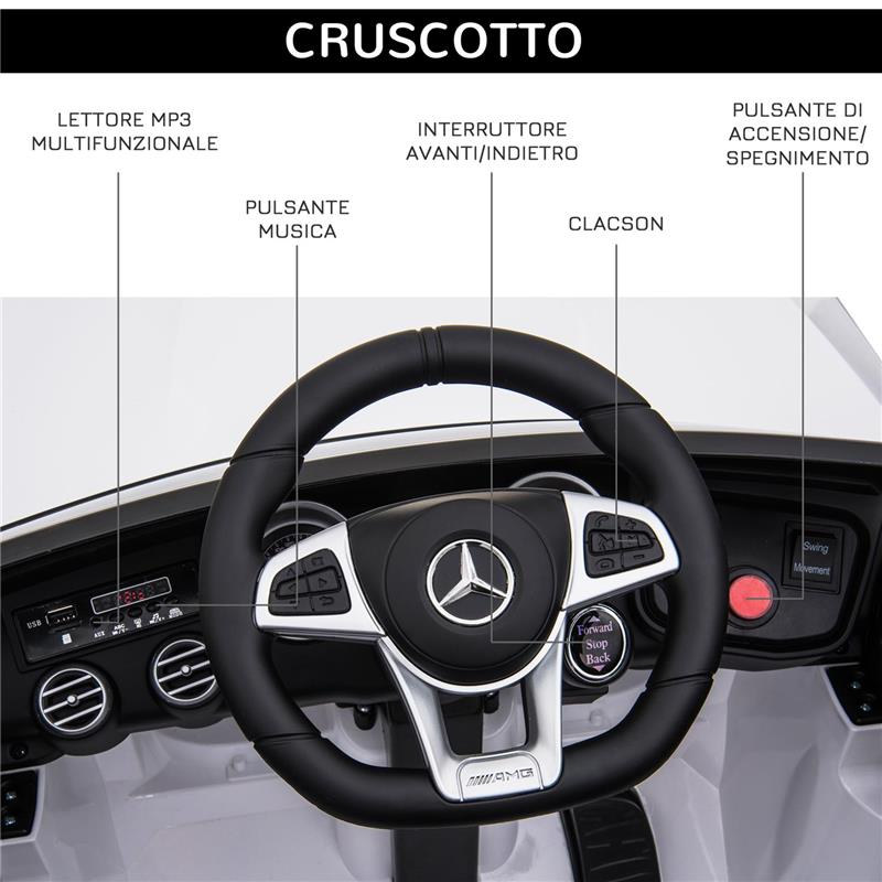 MACCHINA ELETTRICA PER BAMBINI 3-5 ANNI MERCEDES CON CINTURA DI SICUREZZA E TELECOMANDO, BIANCO