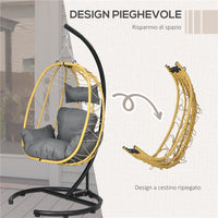 POLTRONA SOSPESA E PIEGHEVOLE CON CUSCINI, IN ACCIAIO E RATTAN PE, 102X102X195 CM, NERA GRIGIA E BEIGE