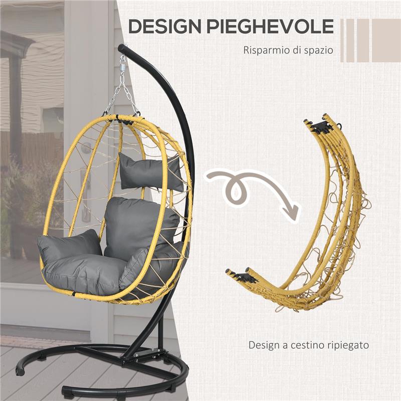 POLTRONA SOSPESA E PIEGHEVOLE CON CUSCINI, IN ACCIAIO E RATTAN PE, 102X102X195 CM, NERA GRIGIA E BEIGE