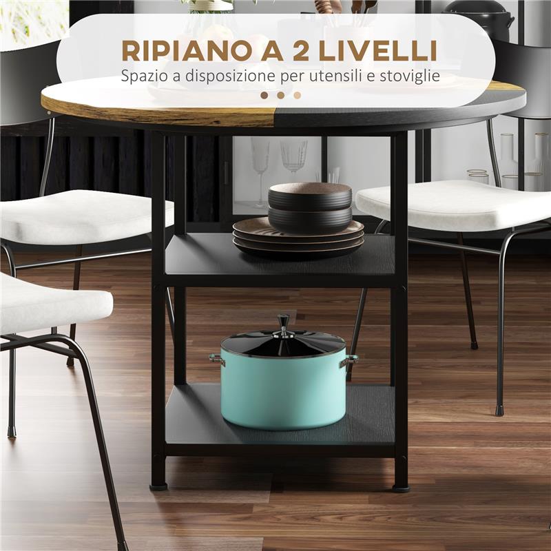 TAVOLO DA PRANZO PER 4-6 PERSONE CON 2 RIPIANI INTEGRATI, IN ACCIAIO E MDF, Ø100X76 CM, NERO E MARRONE
