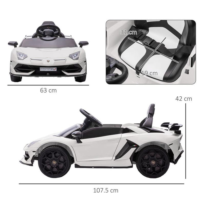 MACCHINA ELETTRICA PER BAMBINI A 12V LICENZA LAMBORGHINI CON CLACSON E TELECOMANDO, 107.5X63X42 CM, BIANCA