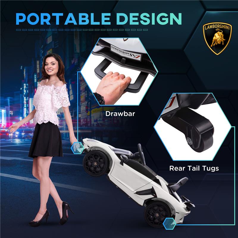 MACCHINA ELETTRICA PER BAMBINI A 12V LICENZA LAMBORGHINI CON CLACSON E TELECOMANDO, 107.5X63X42 CM, BIANCA