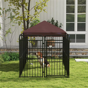 RECINTO PER CANI DA ESTERNO IN METALLO CON TETTO, 282X141X159CM, MARRONE