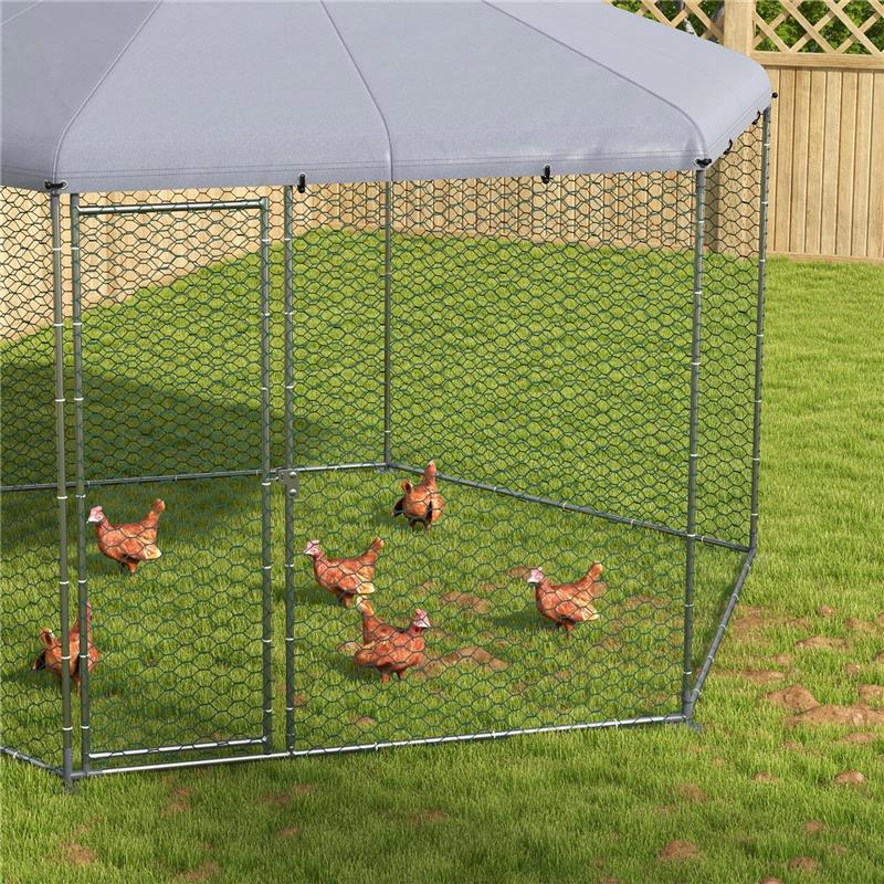 RECINTO PER GALLINE CON TETTO E PORTA BLOCCABILE IN ACCIAIO PER 10-15 ANIMALI, 4X3.5X2.6M