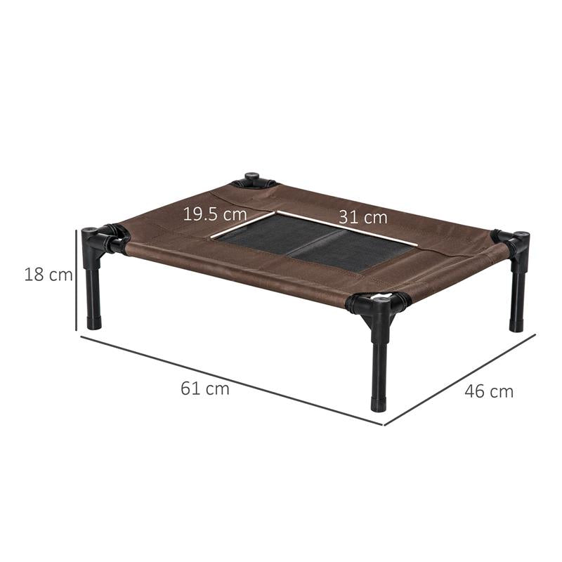 LETTINO PER CANI RIALZATO CON SEDUTA TRASPIRANTE, IN ACCIAIO E TESSUTO, 61X46X18 CM, NERO E CAFFÈ