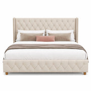 Letto matrimoniale imbottito 140x190 cm in lino; beige; con testiera capitonné e rivetti