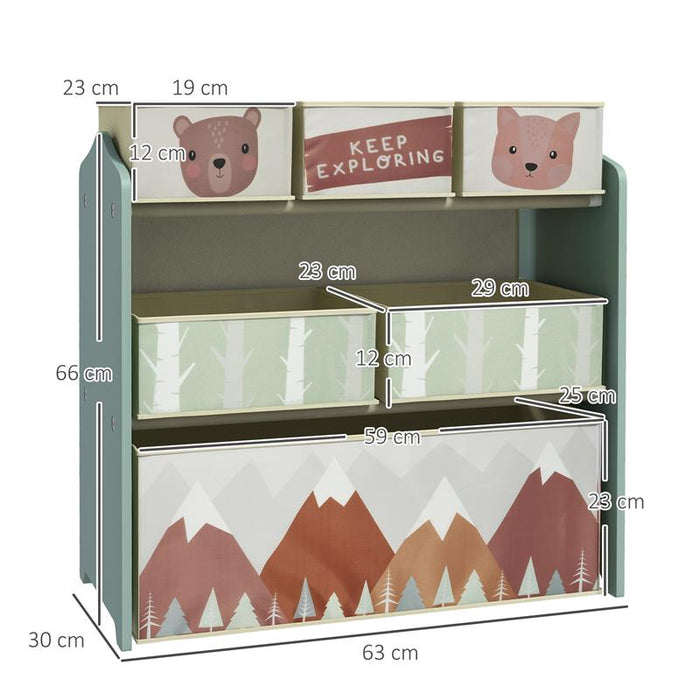 SCAFFALE PORTAGIOCHI PER BAMBINI CON 6 CONTENITORI RIMOVIBILI IN TESSUTO, 63X30X66CM, VERDE