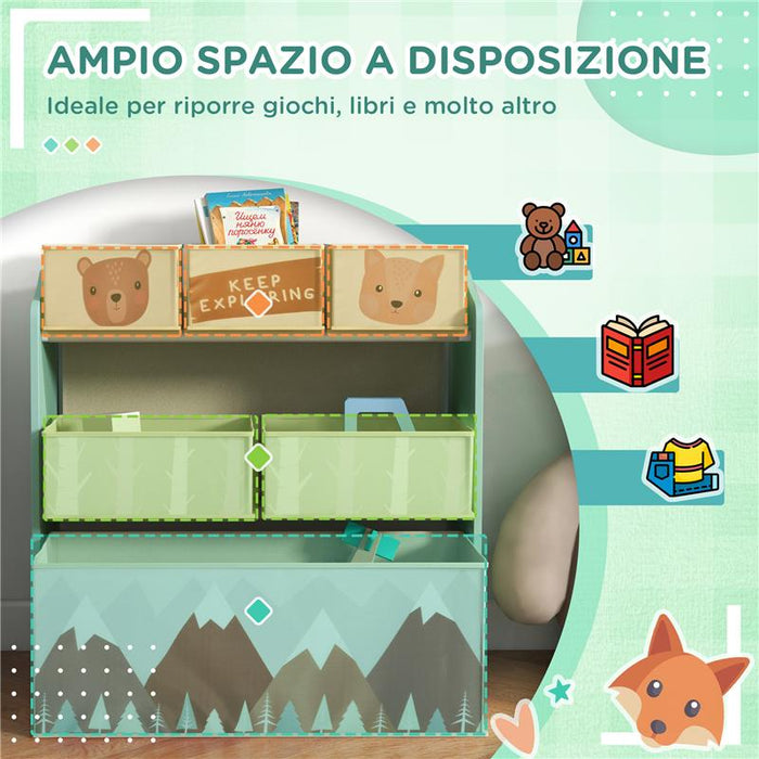 SCAFFALE PORTAGIOCHI PER BAMBINI CON 6 CONTENITORI RIMOVIBILI IN TESSUTO, 63X30X66CM, VERDE