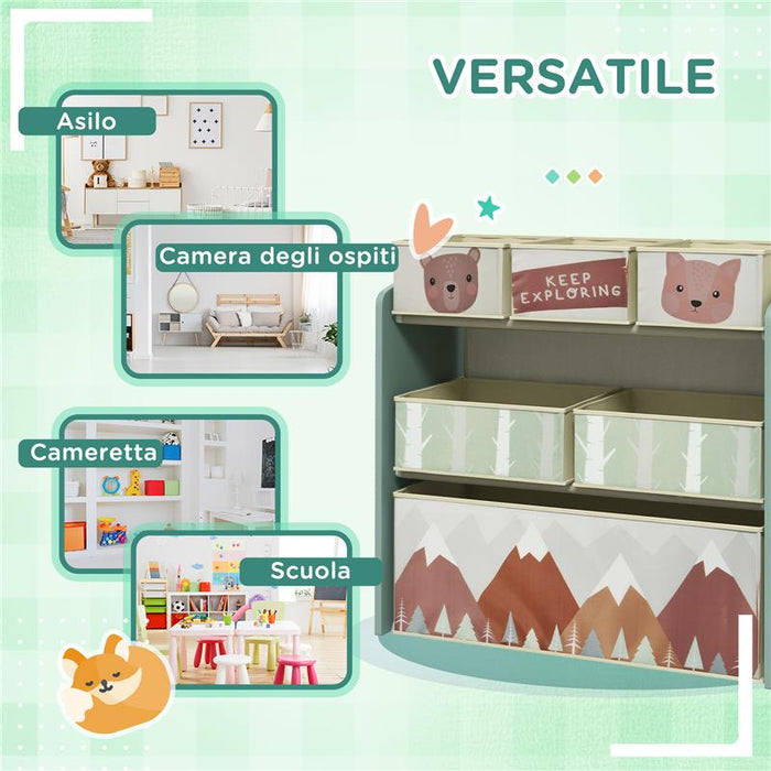 SCAFFALE PORTAGIOCHI PER BAMBINI CON 6 CONTENITORI RIMOVIBILI IN TESSUTO, 63X30X66CM, VERDE