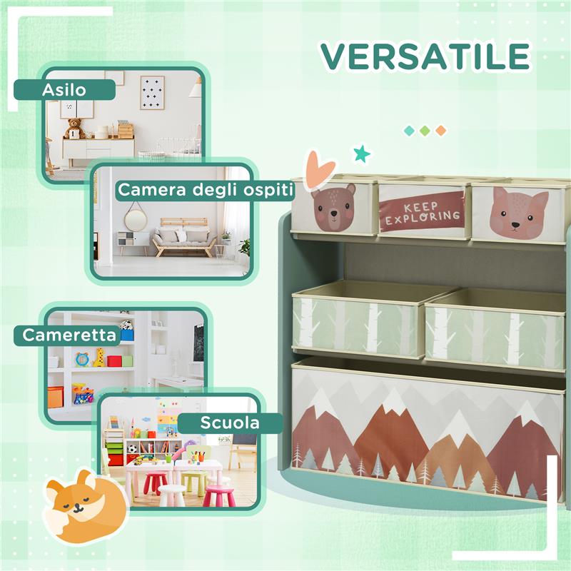 SCAFFALE PORTAGIOCHI PER BAMBINI CON 6 CONTENITORI RIMOVIBILI IN TESSUTO, 63X30X66CM, VERDE