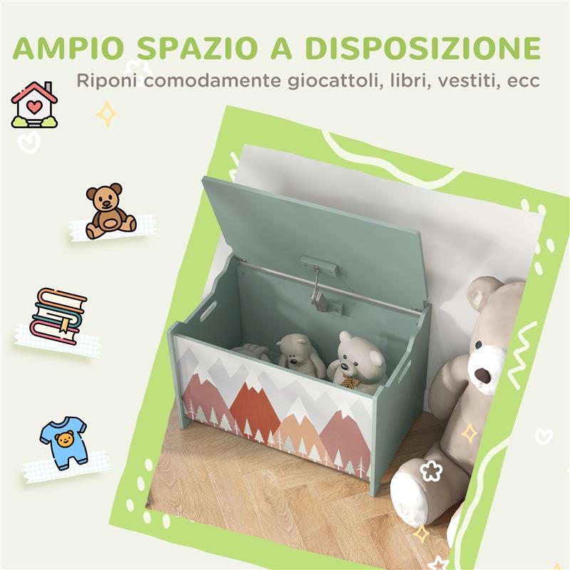 BAULE PORTAGIOCHI PER BAMBINI CON COPERCHIO E CERNIERA DI SICUREZZA IN MDF, 60X37X39CM, VERDE