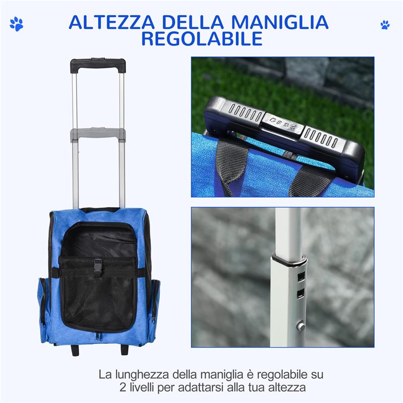 TRASPORTINO ZAINO 2 IN 1 PER CANI E GATTI CON TASCHE E MANIGLIA TELESCOPICA, 42X25X55CM, BLU