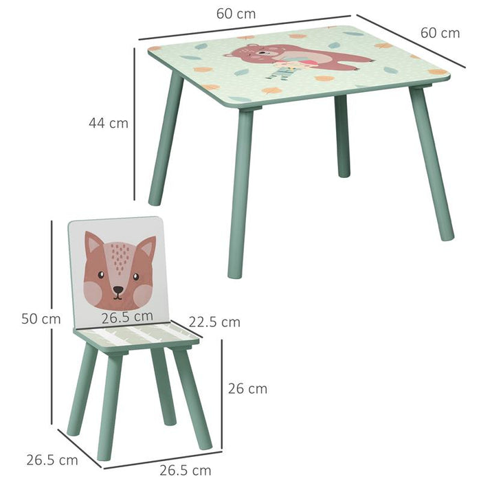 SET TAVOLO E SEDIE 3 PEZZI PER BAMBINI 3-8 ANNI IN MDF E LEGNO DI PINO, VERDE