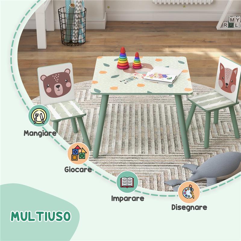 SET TAVOLO E SEDIE 3 PEZZI PER BAMBINI 3-8 ANNI IN MDF E LEGNO DI PINO, VERDE