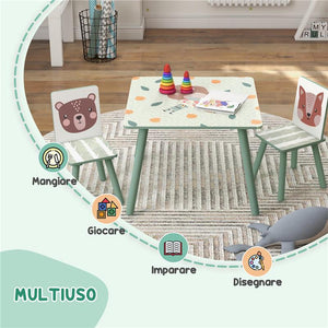 SET TAVOLO E SEDIE 3 PEZZI PER BAMBINI 3-8 ANNI IN MDF E LEGNO DI PINO, VERDE
