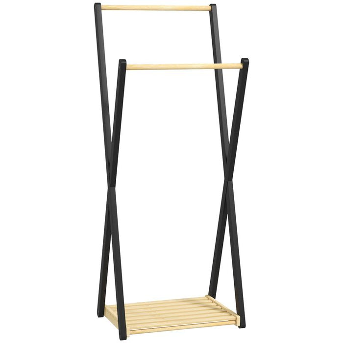 APPENDIABITI DA TERRA IN LEGNO CON 2 BARRE E RIPIANO INFERIORE DESIGN MODERNO, 61X45X152CM