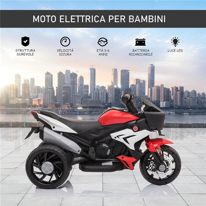 MOTO ELETTRICA PER BAMBINI 3-5 ANNI (MAX. 25KG) CON 3 RUOTE, LUCI E SUONI, BATTERIA 6V, ROSSO, 86X42X52CM