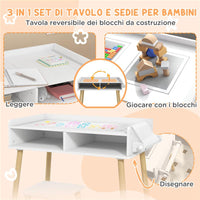 SET TAVOLINO PER BAMBINI CON SGABELLO, BANCHETTO CON PIANO REVERSIBILE E ROTOLO DI CARTA, BIANCO
