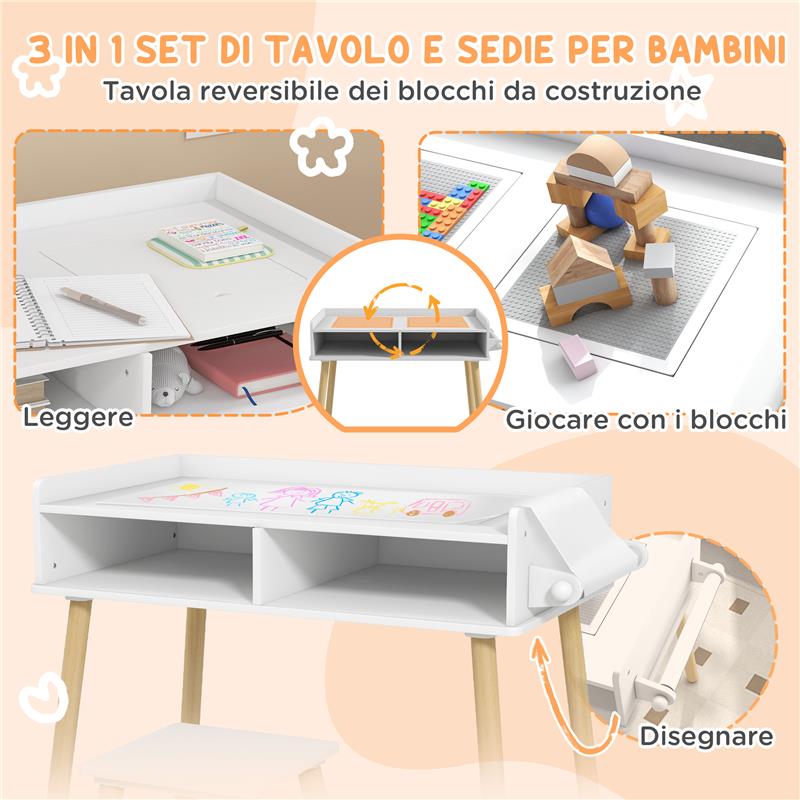 SET TAVOLINO PER BAMBINI CON SGABELLO, BANCHETTO CON PIANO REVERSIBILE E ROTOLO DI CARTA, BIANCO