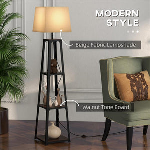 LAMPADA DA TERRA IN METALLO E MDF A 3 RIPIANI CON PARALUME IN TESSUTO, Ø42X166 CM, NERO E BEIGE