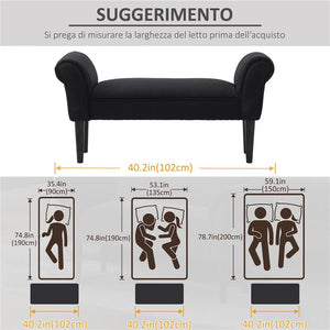 PANCA FONDO LETTO IMBOTTITA CON BRACCIOLI ARROTOLATI, 102X35X51CM, NERO