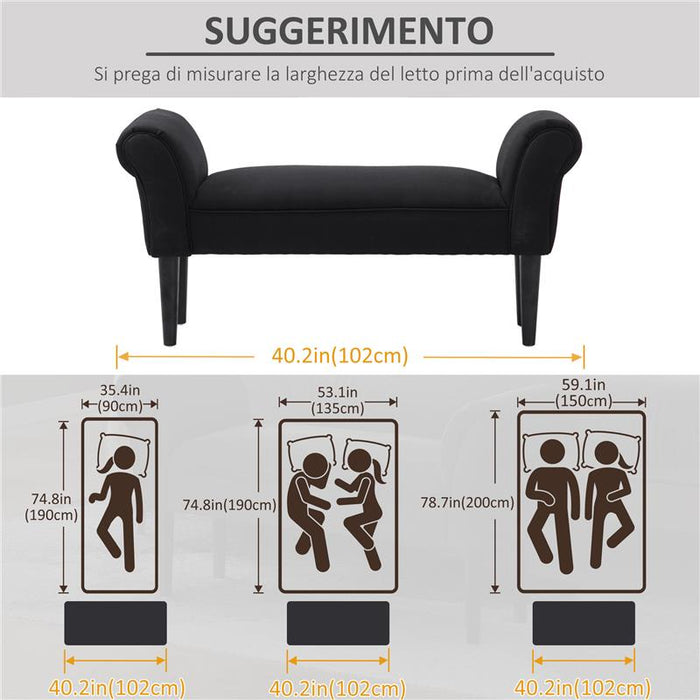 PANCA FONDO LETTO IMBOTTITA CON BRACCIOLI ARROTOLATI, 102X35X51CM, NERO