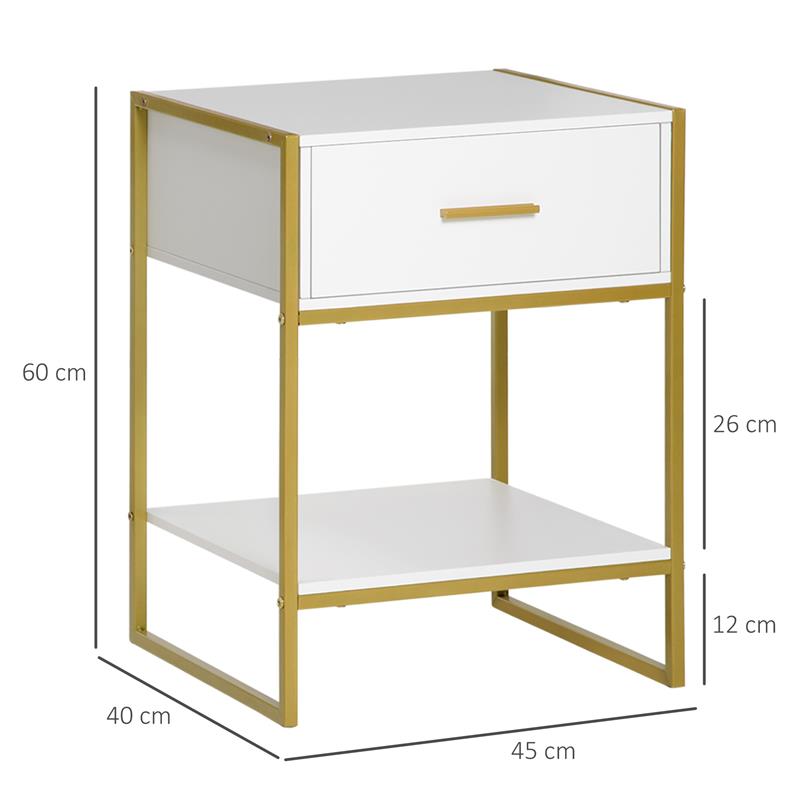 SET 2 COMODINI MODERNI CON CASSETTO E RIPIANO APERTO IN MDF E ACCIAIO, 45X40X60CM, BIANCO E ORO