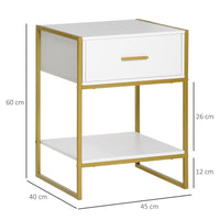SET 2 COMODINI MODERNI CON CASSETTO E RIPIANO APERTO IN MDF E ACCIAIO, 45X40X60CM, BIANCO E ORO