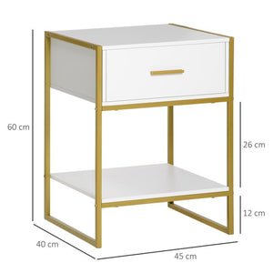 SET 2 COMODINI MODERNI CON CASSETTO E RIPIANO APERTO IN MDF E ACCIAIO, 45X40X60CM, BIANCO E ORO